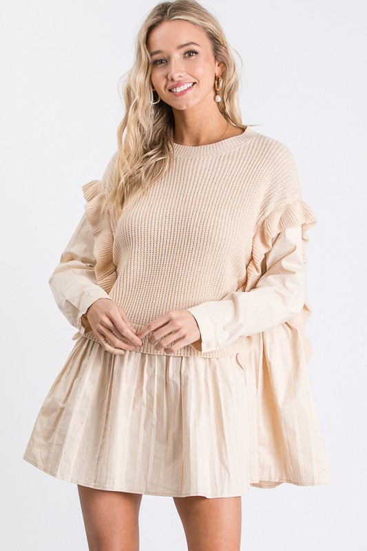 Woven mini dress with knit attached design.