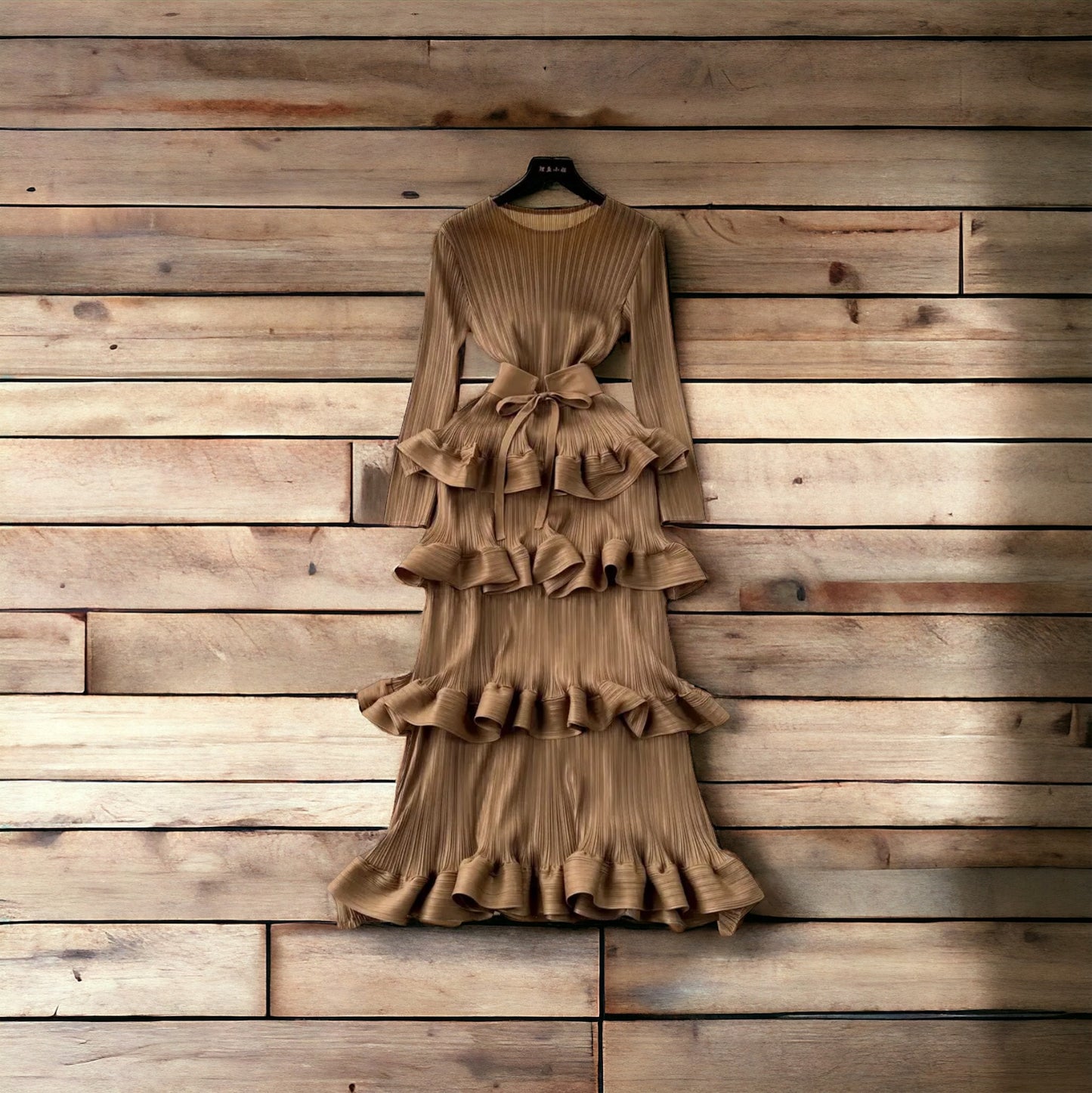 brown dress with ruffles at the bottom Inez Ruffle Satin Gown - Brown